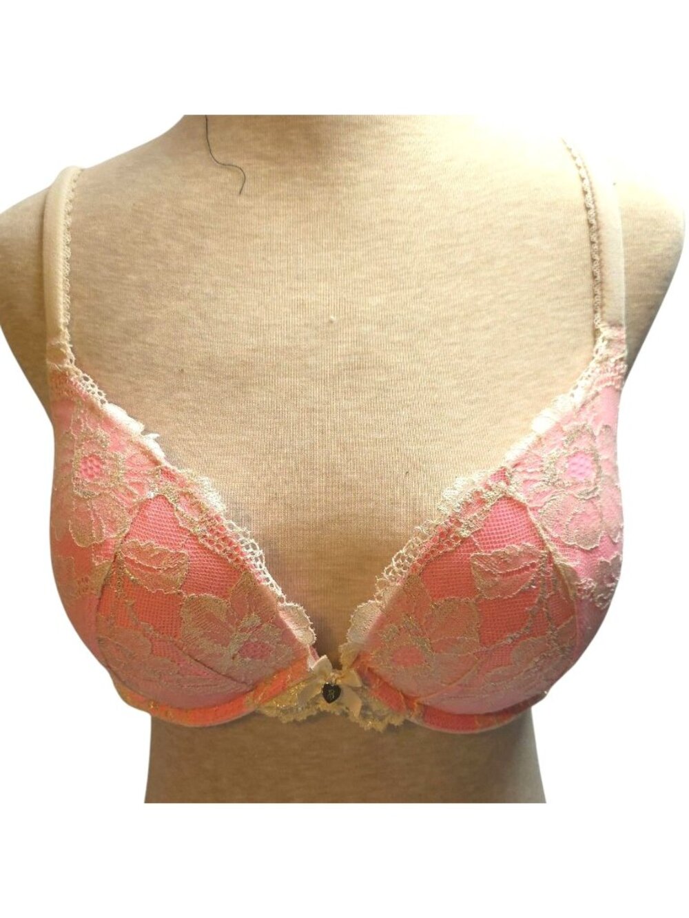 Pink Lace Victorias Secret Push-Up Bra 38C Floral Underwire Adjustable Straps